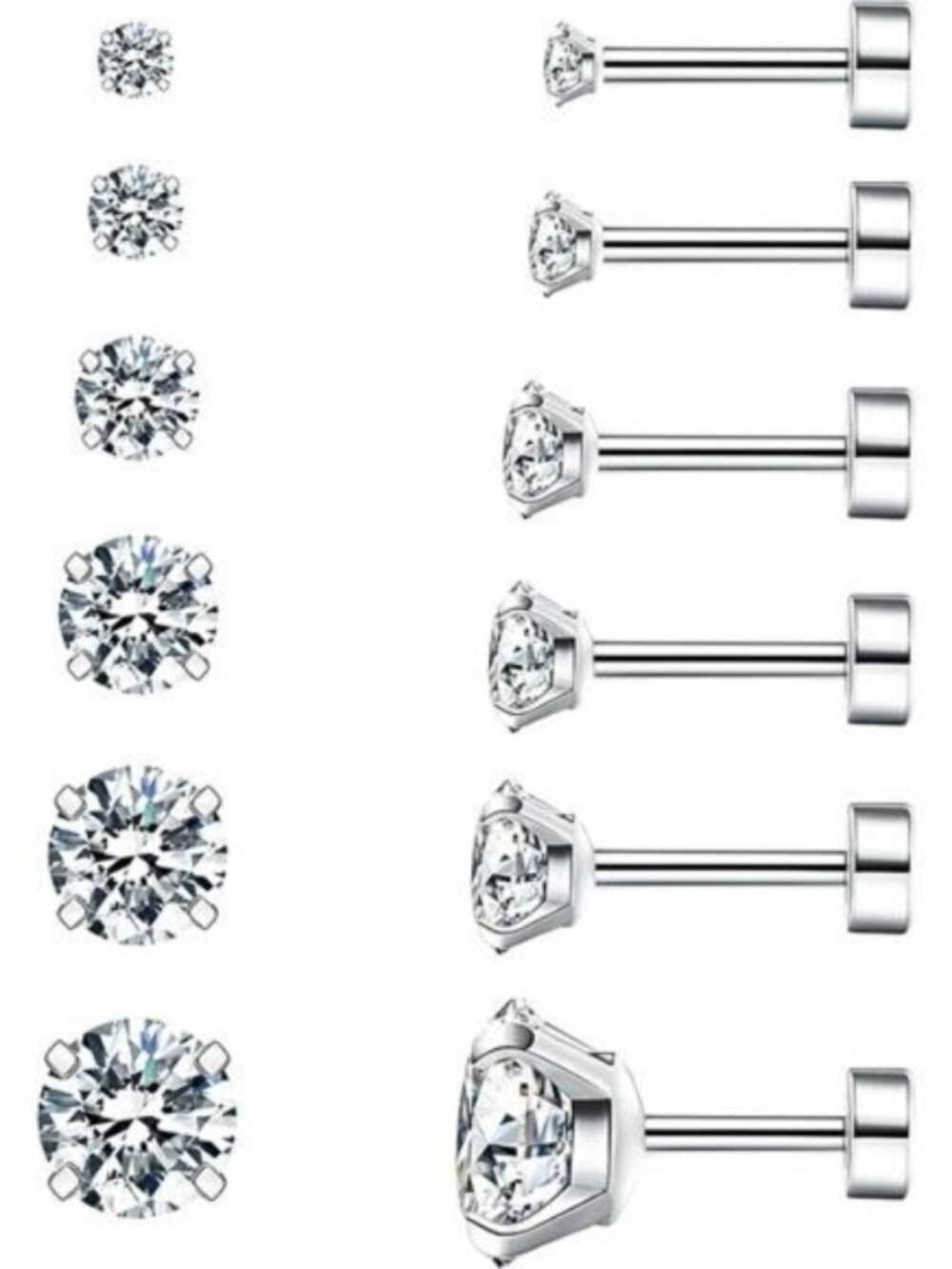 6 Pairs Hypoallergenic Cubic Zirconia Earrings Surgical Steel Flat Back Studs